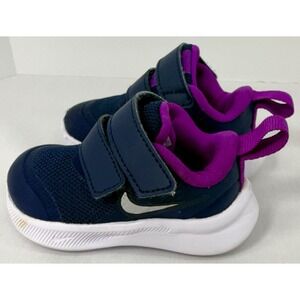 Nike Kids Star Runner‎ 3 Navy Purple Hook Loop Athletic Shoes Girls Sz 2C EUC